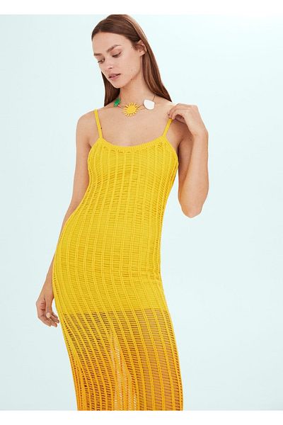 MANGO Woman Φόρεμα υφαντό με διάτρητο πάνελ