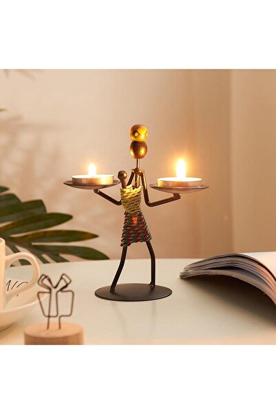 SUME Kadın Figürlü Metal Ferforje Tealight Mumluk Ev Dekoru Süs El Üstünde Mumluk