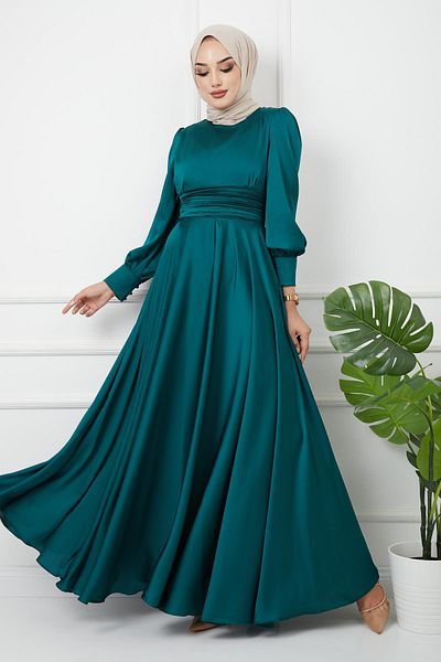 Olcay Abendkleid mit Taillenfalten und Gürtel, Grün 1595