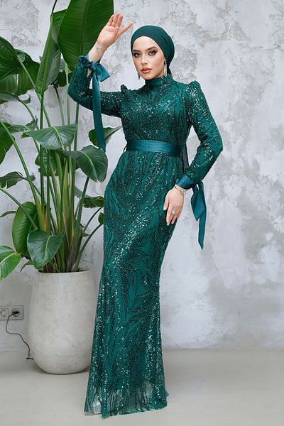 Neva Style - Sequin Bead Embroidered Emerald Green Hijab Evening Dress 4791Zy