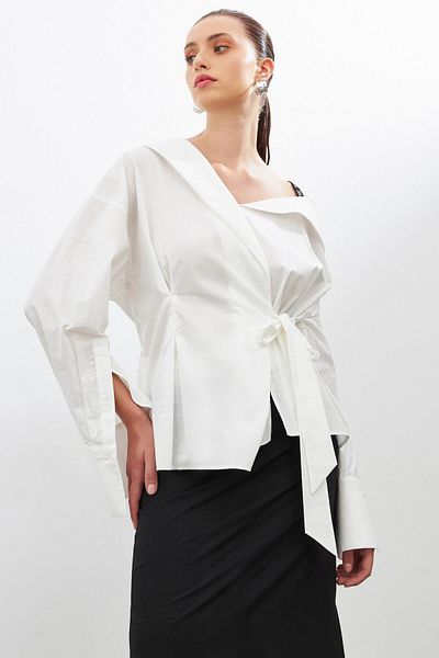 Setre Ecru Single Off-the-Shoulder Asymmetrical Structured Long Sleeve Shirt with Tie-Up Detail on the Waist