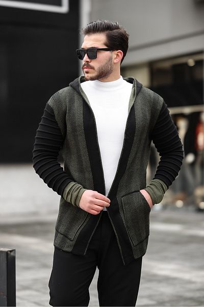 Valiberta Men's Khaki Sleeves Patterned Hooded Poncho Cardigan