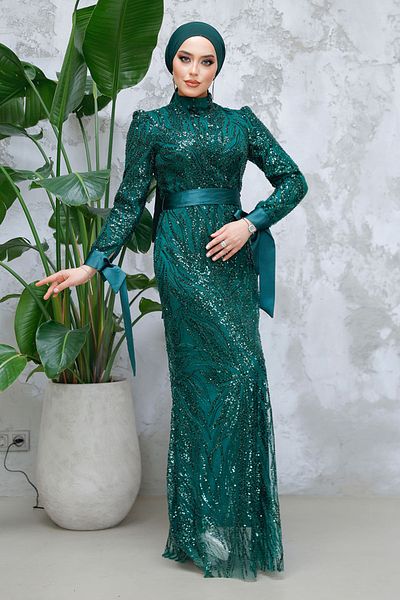 Neva Style - Sequin Bead Embroidered Emerald Green Hijab Evening Dress 4791Zy