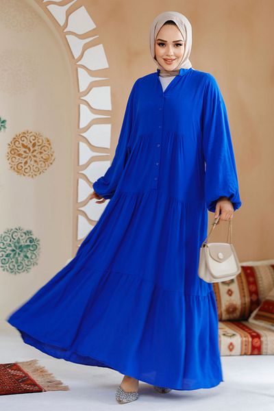 Neva Style Rochie Hijab Albastru Sax Pliat Pliat 20612SX