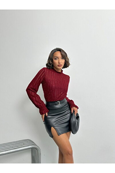 Genel Markalar Bordo Transparan Simli Sakallı Bluz
