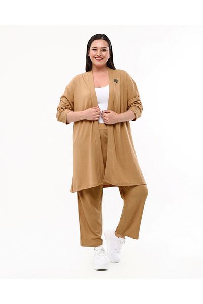 Laden Set de două piese cardigan cu pantaloni din țesătură răsucită de primăvară pentru femei de mărime mare