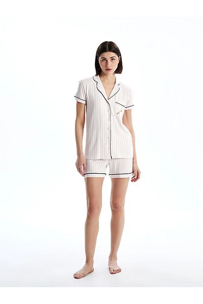 LC Waikiki Lcw Dream Ecru Shirt Collar Striped Women's Shorts Pajamas Set