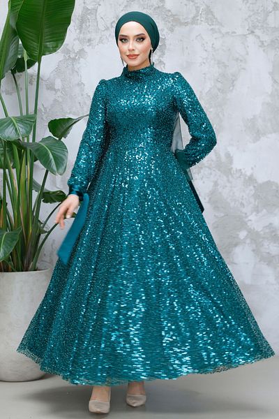 Neva Style - Sequin Sequin Embroidered Emerald Green Hijab Evening Dress 4713Zy