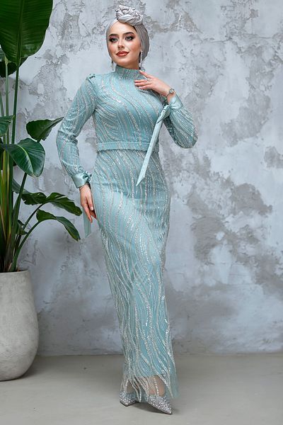 Neva Style - Sequin Bead Embroidered Mint Hijab Evening Dress 4764Mint
