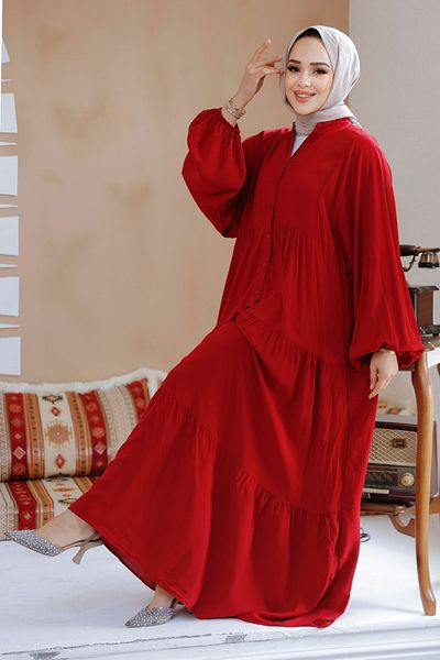 Neva Style Rochie plisată cu hijab burgundy - 20612BR