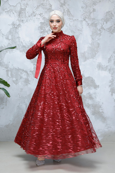 Neva Style Sequin Bead Embroidered Burgundy Hijab Evening Dress 4908Br