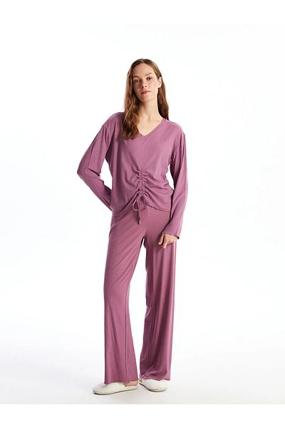 LC Waikiki Set pijamale pentru femei LCW DREAM Plum cu decolteu în V
