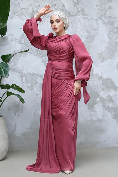 Neva Style Dark Rose Dried with Tail Detail Hijab Evening Dress 48491Kgk