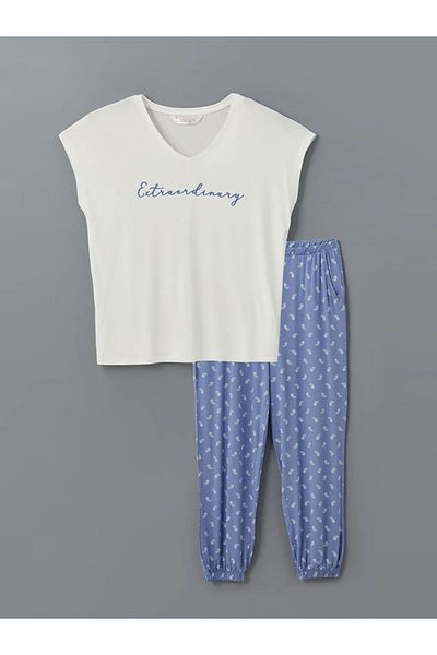 LC Waikiki Set pijamale pentru femei LCW DREAM albastru cu decolteu în V