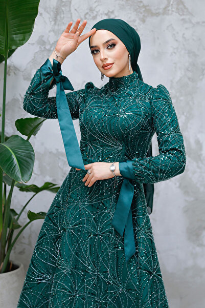 Neva Style - Rochie de seară hijab verde smarald brodat cu mărgele paiete 4908zy