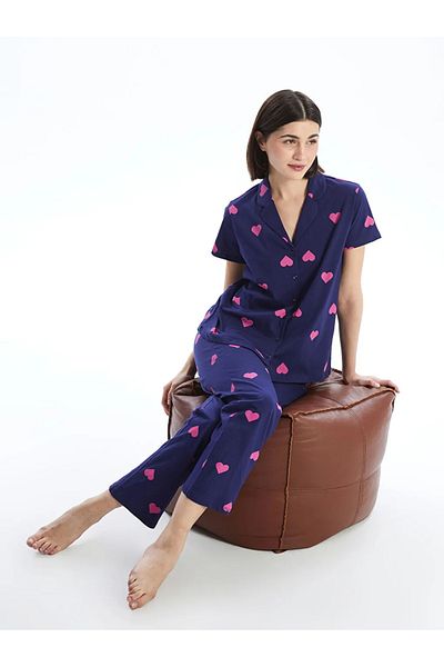 LC Waikiki Lcw Young Purple Shirt Collar Printed Women's Pajamas Set