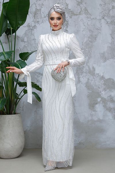Neva Style - Rochie de seară hijab albă brodata cu mărgele paiete 4764b