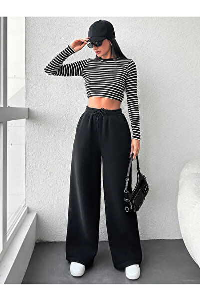 CAONNES Pantaloni de sport negri, largi, largi, elastici, confortabili, din ț...