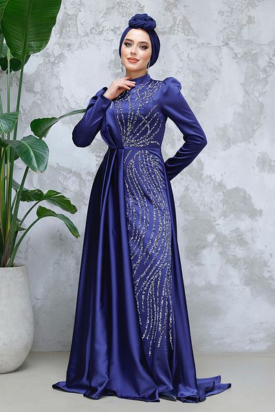 Neva Style Βραδινό φόρεμα με ουρά Navy Blue Hijab Satin 4303l