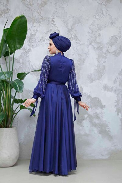 Neva Style - Payet Boncuk Işlemeli Lacivert Tesettür Abiye Elbise 47961l