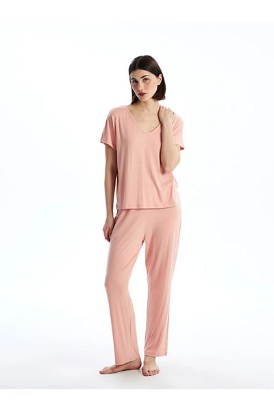 LC Waikiki Σετ γυναικείες πιτζάμες LCW DREAM Pink V-Neck