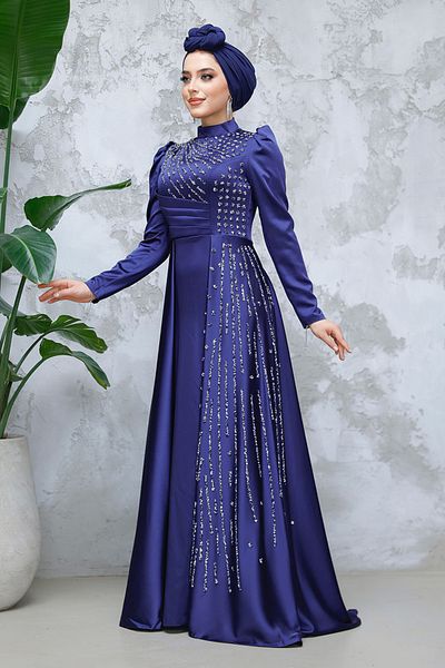 Neva Style Βραδινό φόρεμα με κεντημένο με χάντρες Navy Blue Hijab Satin 47112l