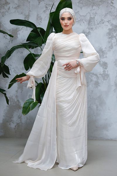 Neva Style Rochie de seară hijab bej cu detaliu coadă 48491bej