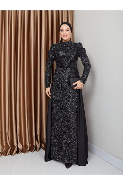 Olcay Saténový flitrový hidžáb večerní šaty s pláštěnkou - černá 1678