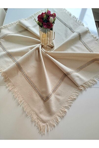 denizli hatırası Cendere Saçak Püsküllü %100 Pamuklu Doğal Keten Kumaş 100x100 cm Vintage Jüt Aksesuarlı