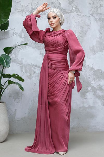 Neva Style Dark Rose Dried with Tail Detail Hijab Evening Dress 48491Kgk