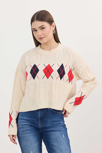 Rays 1372 Model Bej Pulover cu model dungi Argyle
