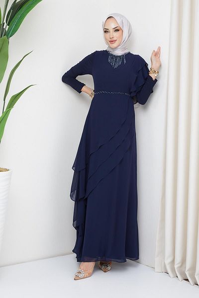 Olcay Abendkleid aus Chiffon mit Hijab und Perlenverzierung, Marineblau, 1652