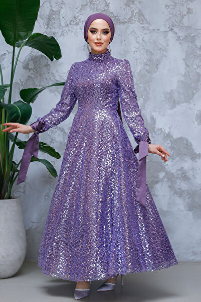 Neva Style - Sequin Embroidered Lilac Hijab Evening Dress 4713Lıla