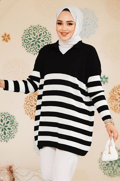 Neva Style Tunica pulover din tricotaje hijab negre cu dungi 53401S
