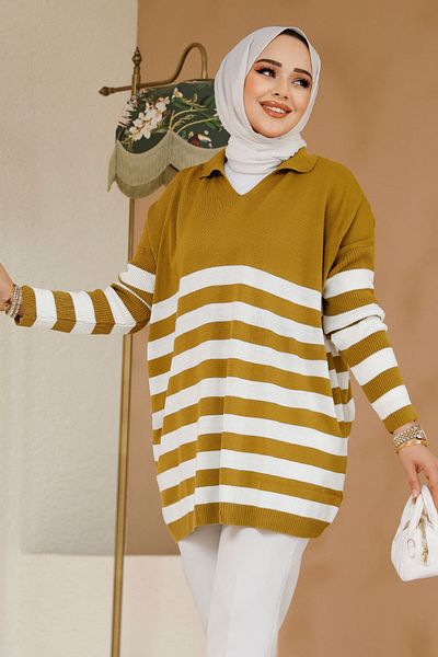 Neva Style سترة تونيك مخططة باللون الأخضر الزيتي - 53401YY
