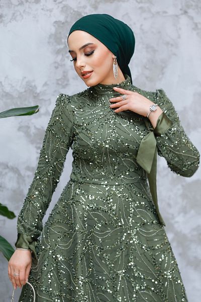 Neva Style - فستان سهرة إسلامي مطرز بالترتر الكاكي 4908hk