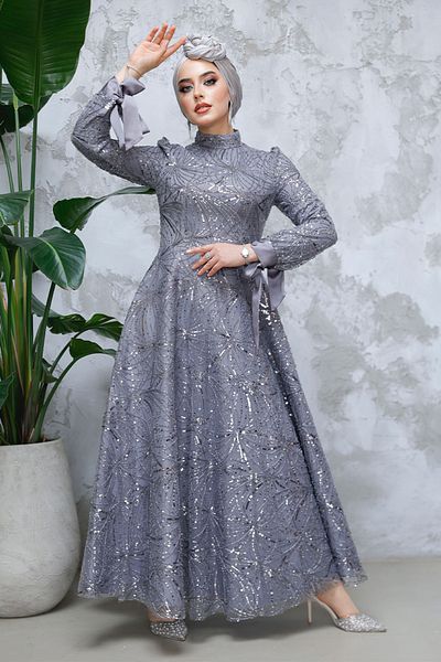 Neva Style - Sequin Beading Embroidered Grey Hijab Evening Dress 4908Gr