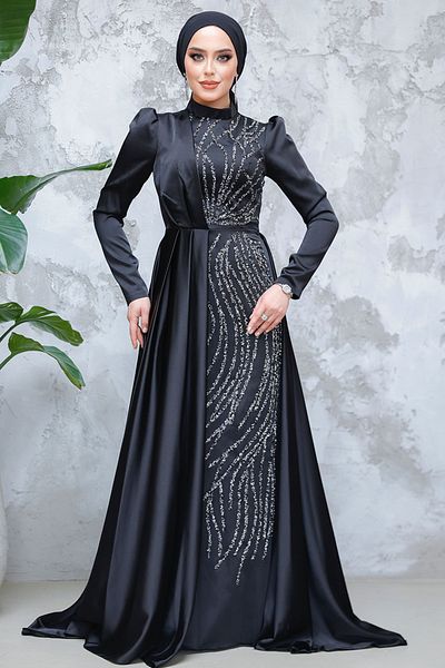 Neva Style Rochie de seara cu hijab - Rochie de seara din satin hijab negru cu coada 4303s