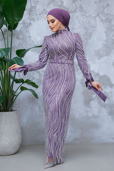 Neva Style Rochie de seara cu hijab - Rochie de seara hijab liliac inchis brodata cu margele cu paiete 4764klıla