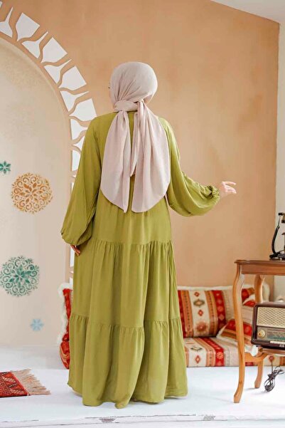 Neva Style Oil Green Layered Pleated Hijab Dress - 20612Yy