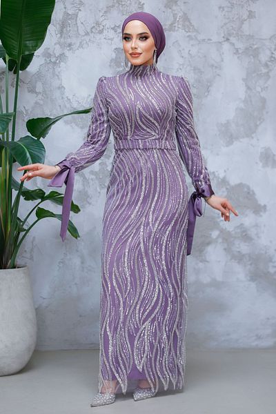 Neva Style Rochie de seara cu hijab - Rochie de seara hijab liliac inchis brodata cu margele cu paiete 4764klıla