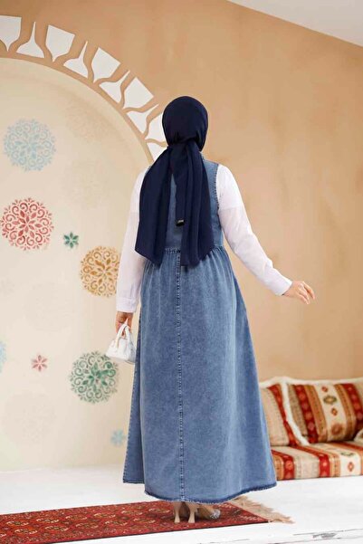 Neva Style Rochie Gilet Hijab Denim Albastru Inchis cu Fermoar 19135KM