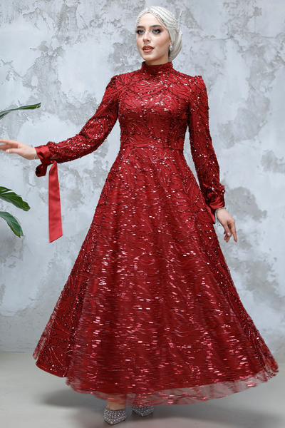 Neva Style Sequin Bead Embroidered Burgundy Hijab Evening Dress 4908Br