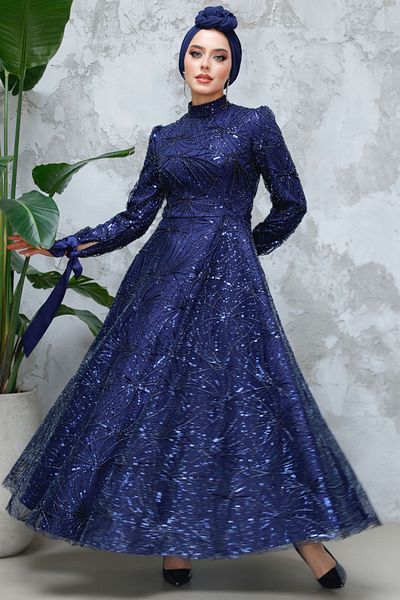 Neva Style Sequin Bead Embroidered Navy Blue Hijab Evening Dress 4908L