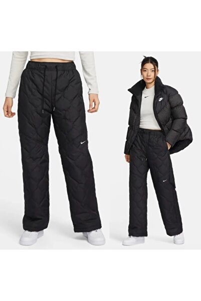 Nike Sportswear Essentials High-Waisted Open-Hem Quilted Kapitone Siyah Kadın Eşofman Altı