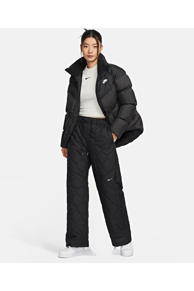 Nike Sportswear Essentials High-Waisted Open-Hem Quilted Kapitone Siyah Kadın Eşofman Altı