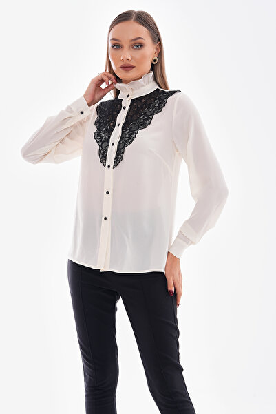 Loom Boutique Kadın Büyük Beden Siyah Dantelli Abiye Kumaşından Krem Gömlek G...