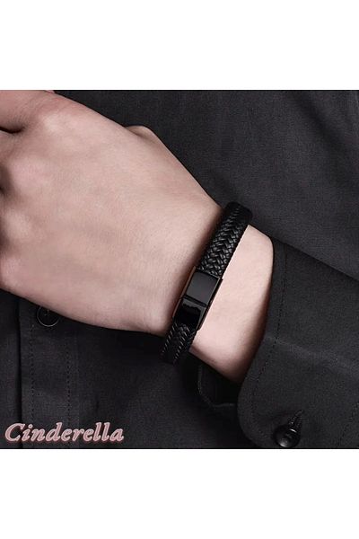 Cinderella Straw Weave Black Leather Bracelet - Locked Model