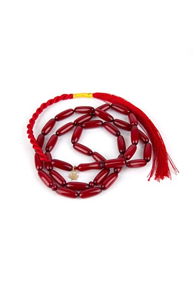 LapisDo Sıkma Kehribar Uzun Arpa Kesim 7x18mm Tesbih - Kırmızı