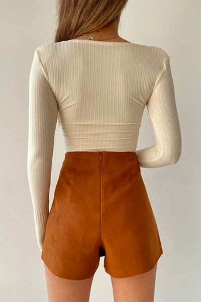 Mila Tan Zipper Detail Suede Short Skirt